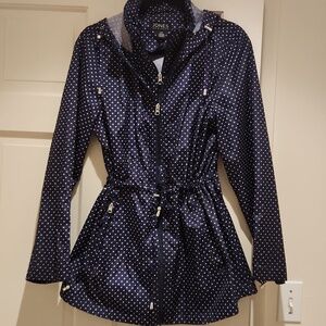 Jones New York Polka Dot Navy and White Jacket With Gathered Waist 2 Zippers